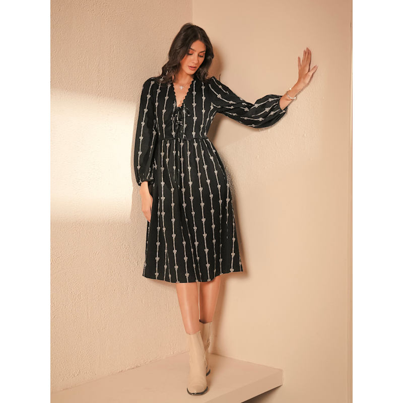 Beatrix Black Cord Embroidered Midi Dress S