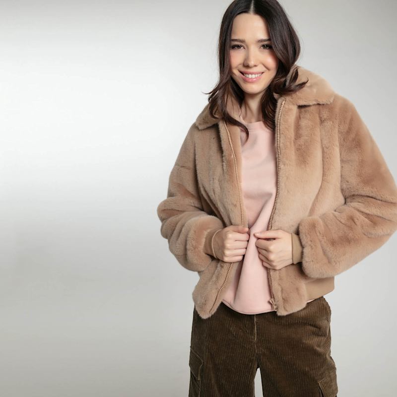 Thumbnail of Beatrix Faux Fur Bomber In Camel image
