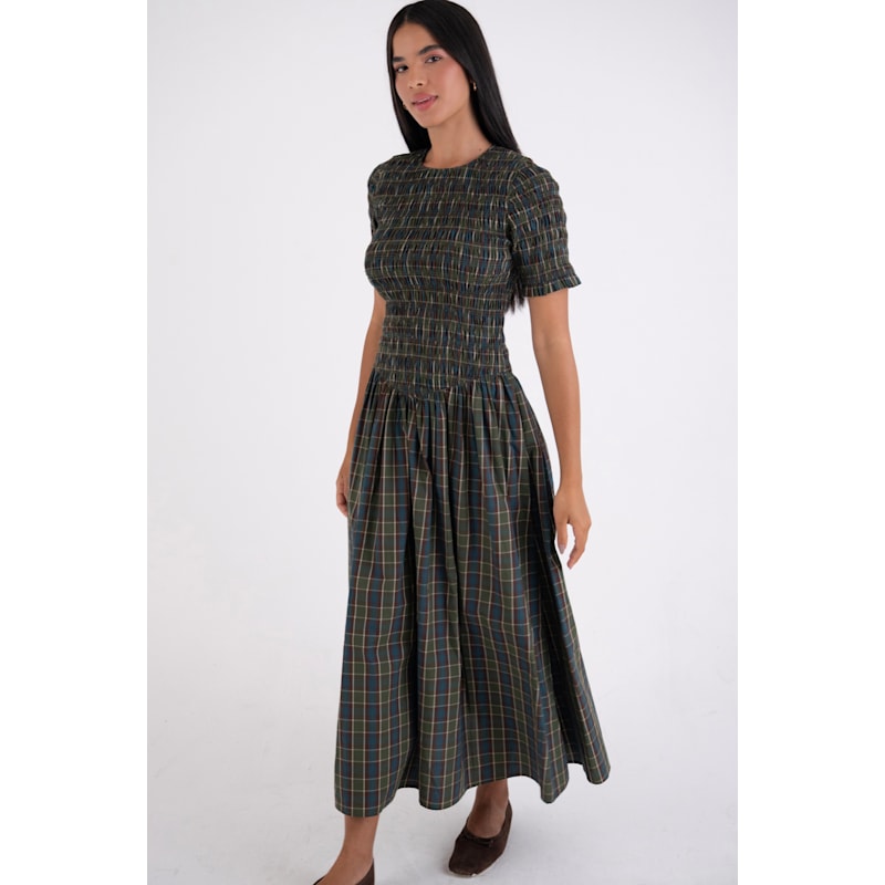 green plaid midi dress Beatrix Pure Cotton Smocked Green Plaid Midi Dress by AMY LYNN