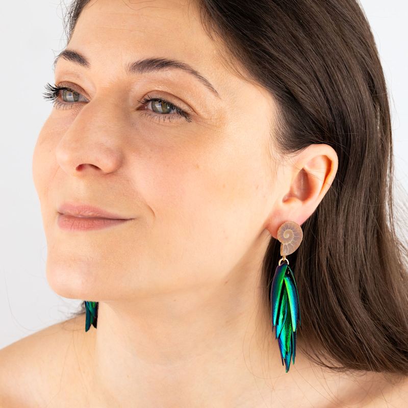 Thumbnail of Beetle Earrings Gold Ear Studs Natural Recycled Green Wings Small Ammonite Fossils image