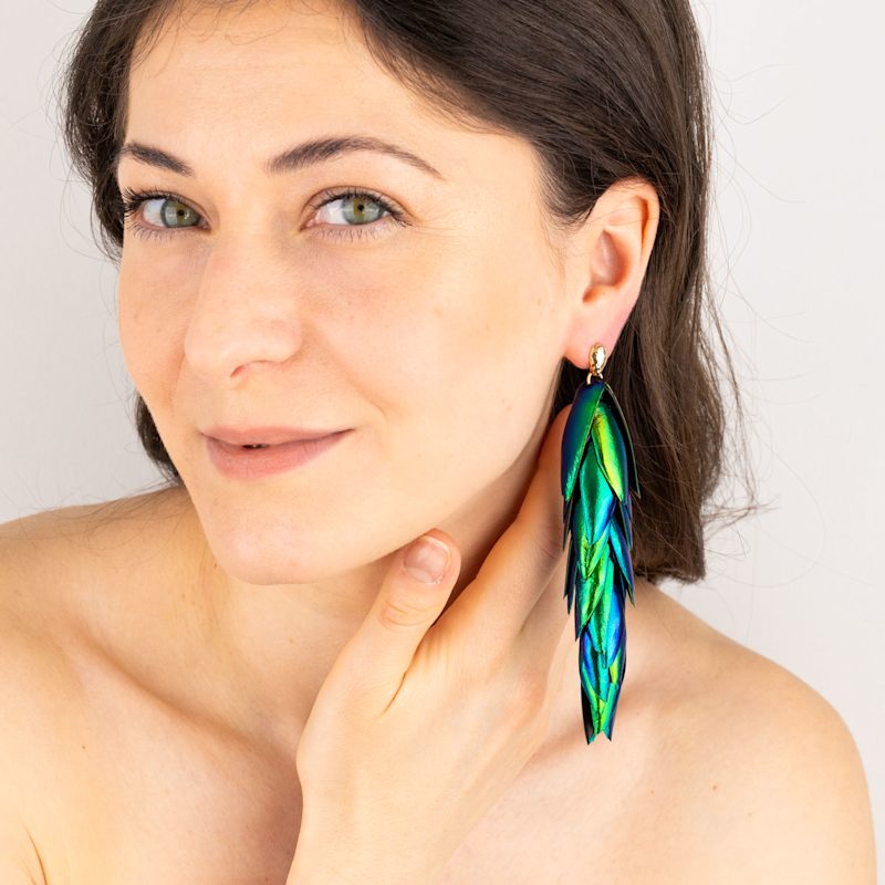 Thumbnail of Beetle Wings Earrings Extra Long Drop Single Statement Earring Gold Ear Stud image