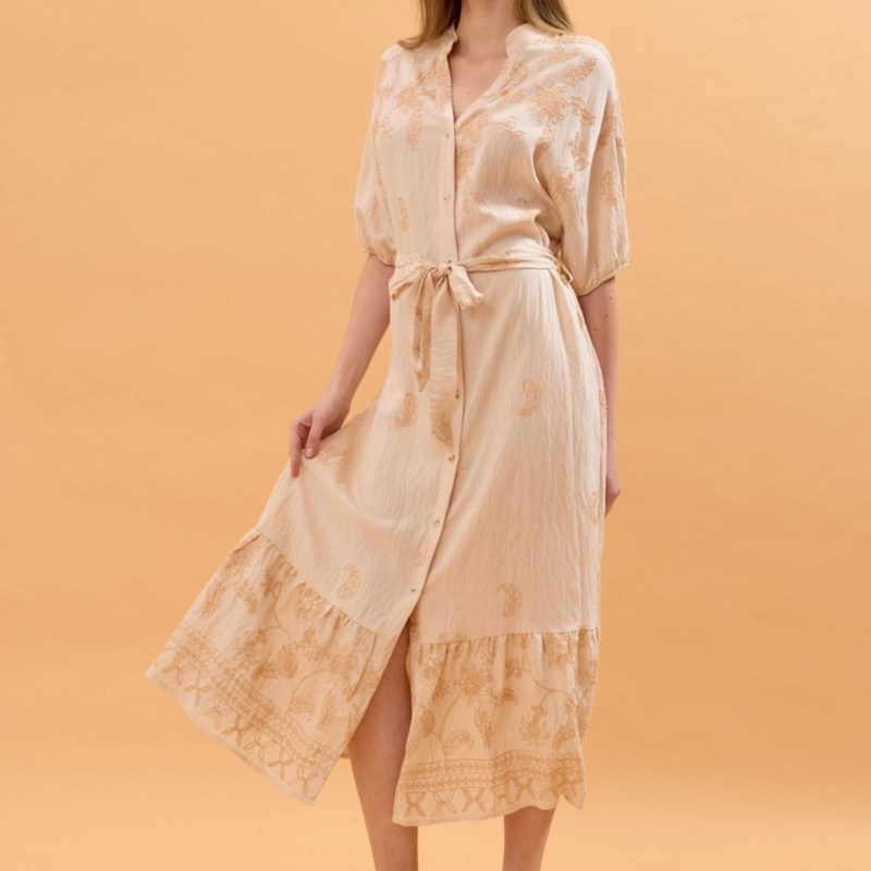 Thumbnail of Beige Embroidered Cotton Midi Shirt Dress image