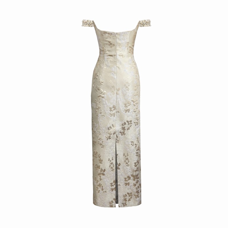 Gushka Off-shoulder Jacquard Gown - Gold