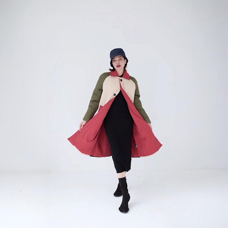 Thumbnail of Beige Khaki Patchwork Color Block Quilted Long Jacket image