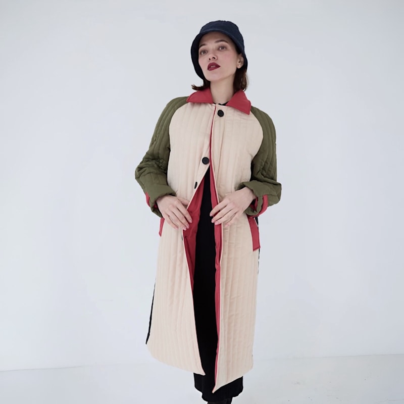 Thumbnail of Beige Khaki Patchwork Color Block Quilted Long Jacket image