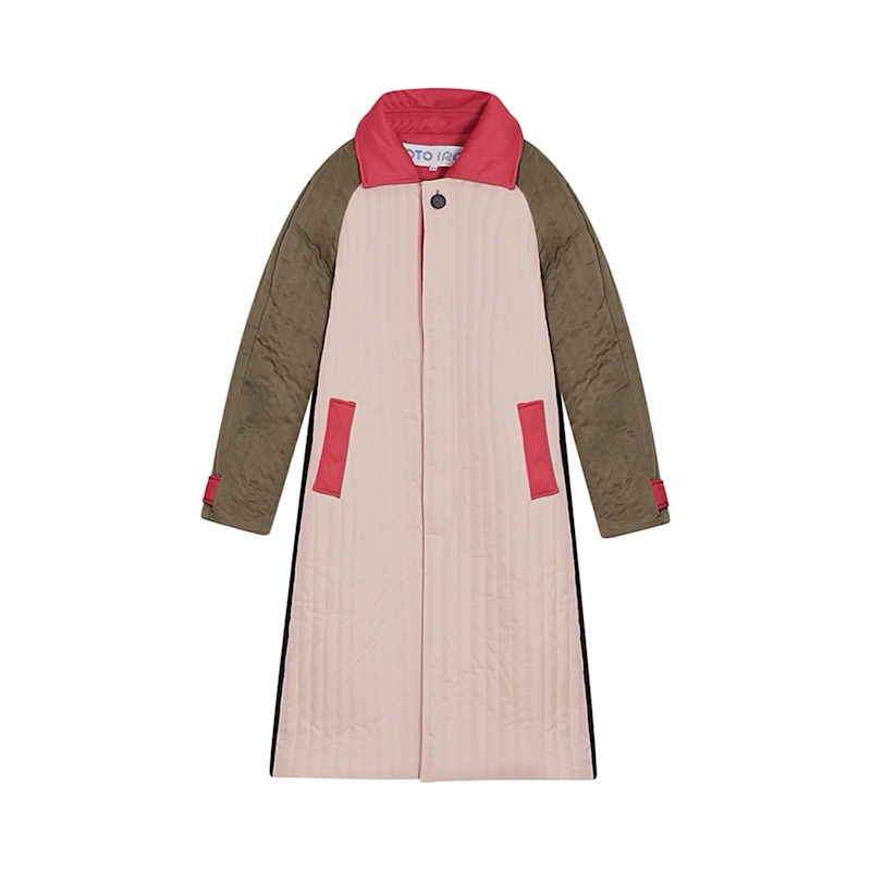 Thumbnail of Beige Khaki Patchwork Color Block Quilted Long Jacket image