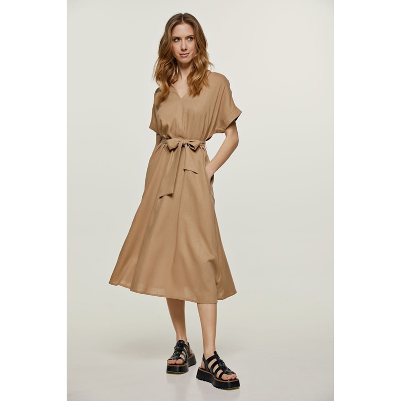 Beige Linen Style Belted Midi Dress | Conquista | Wolf & Badger