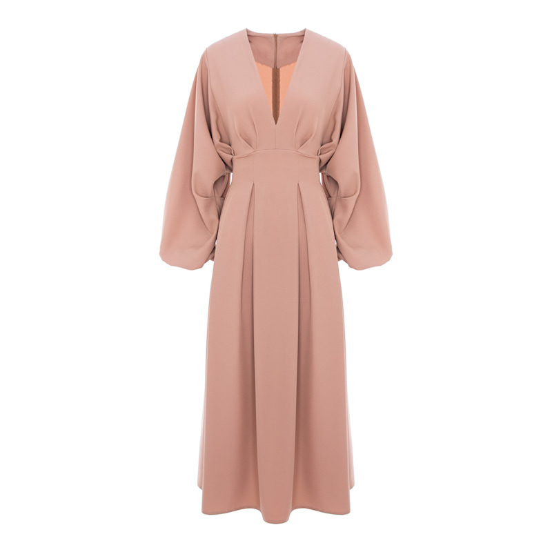 Bluzat Midi Dress With Balloon Sleeves And V-neck - Beige