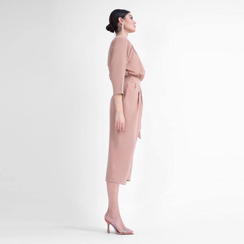 Bluzat Midi Dress With Draping And Waist Belt - Beige
