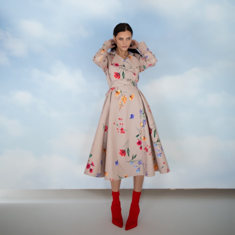 Thumbnail of Beige Waterproof Trench Coat With Colourful Flower Print: Spring Bloom image