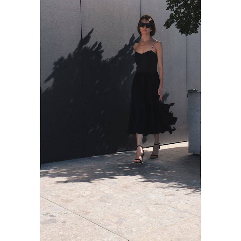Bell Crystal Hand-Embellished Gathered Satin Midi Dress -Black | 2KStyle |  Wolf & Badger