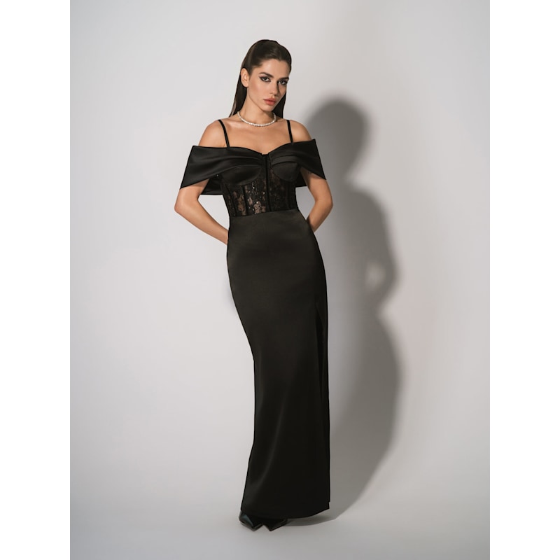 Thumbnail of Belle Of The Ball Satin Maxi Dress With Lace Corset Black image