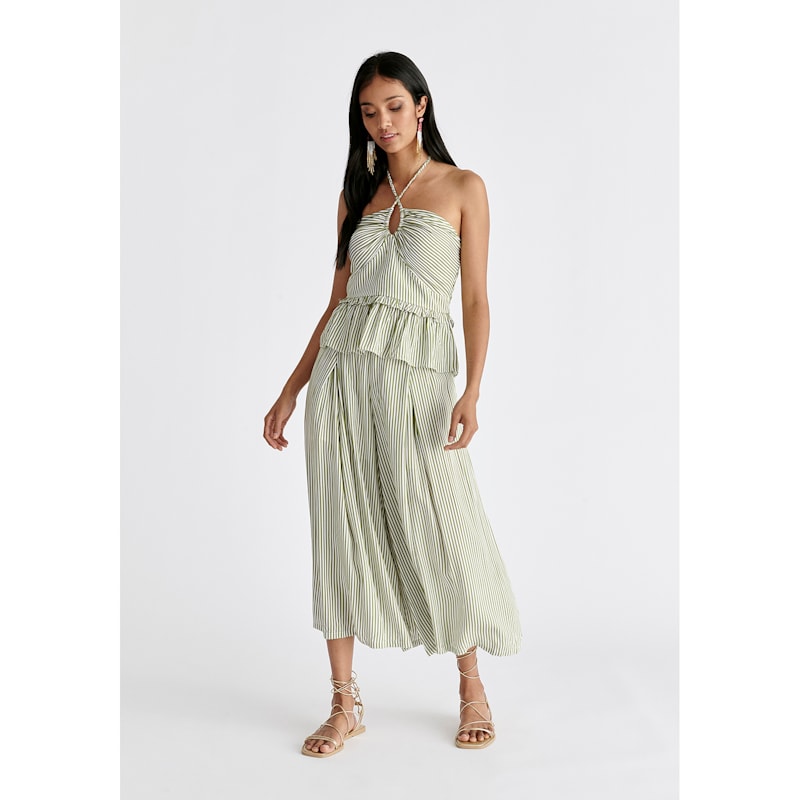 Belted Pleated Culottes In Green & White | PAISIE | Wolf & Badger