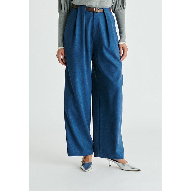 Thumbnail of Belted Wide Leg Trousers With Box Pleats In Denim Blue image