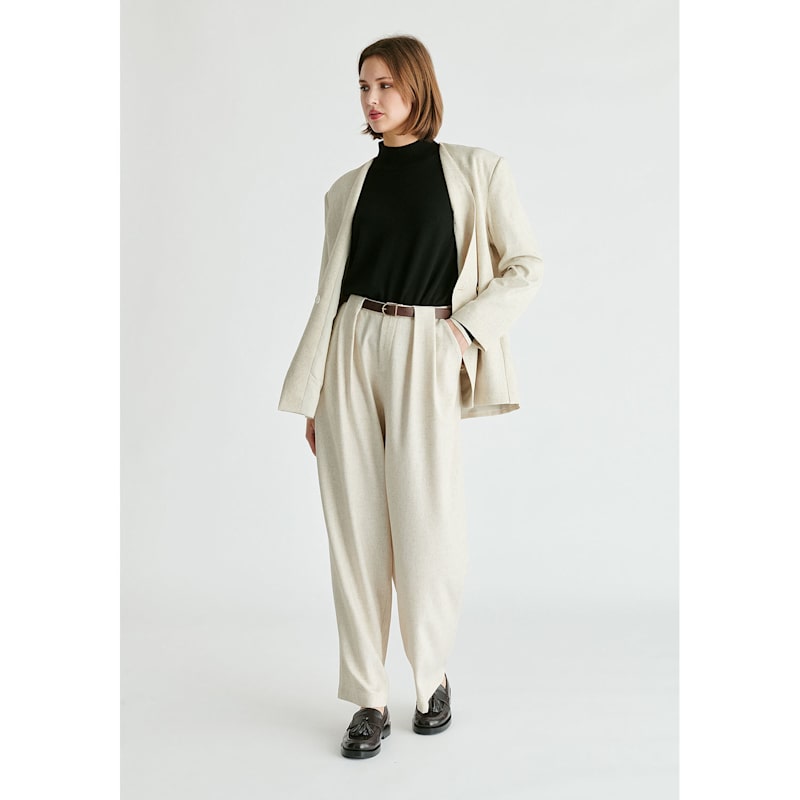 Thumbnail of Belted Wide Leg Trousers With Box Pleats In Oatmeal image