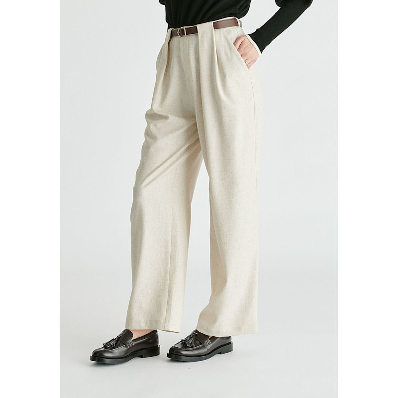 Thumbnail of Belted Wide Leg Trousers With Box Pleats In Oatmeal image