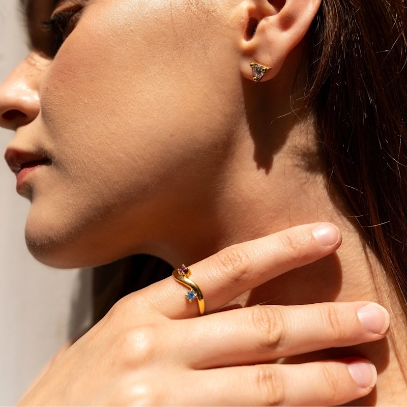 Thumbnail of Bended Sterling Silver Double Gemstone Ring - Gold image