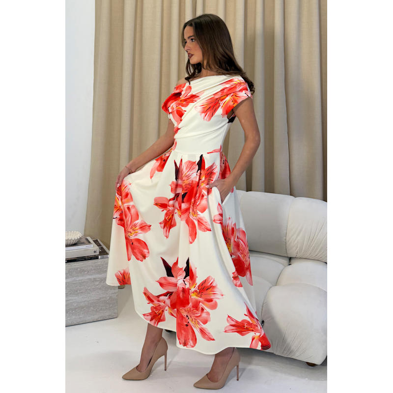 Thumbnail of Betty Asymmetric Floral Print Midi Dress Orange image