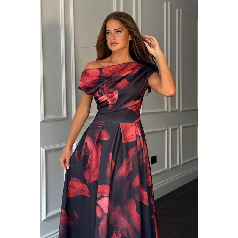 Thumbnail of Betty Asymmetric Neckline Skater Midi Black Floral image