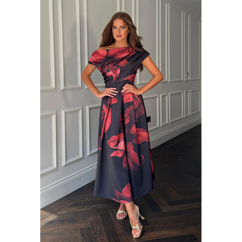 Thumbnail of Betty Asymmetric Neckline Skater Midi Black Floral image