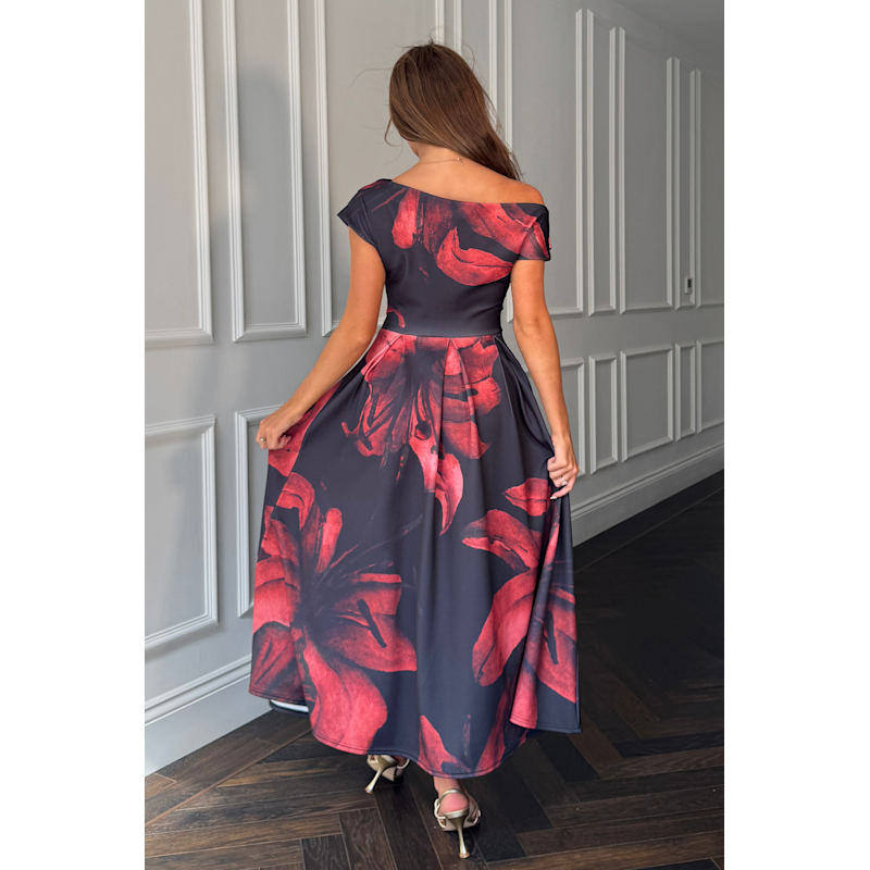 Thumbnail of Betty Asymmetric Neckline Skater Midi Black Floral image