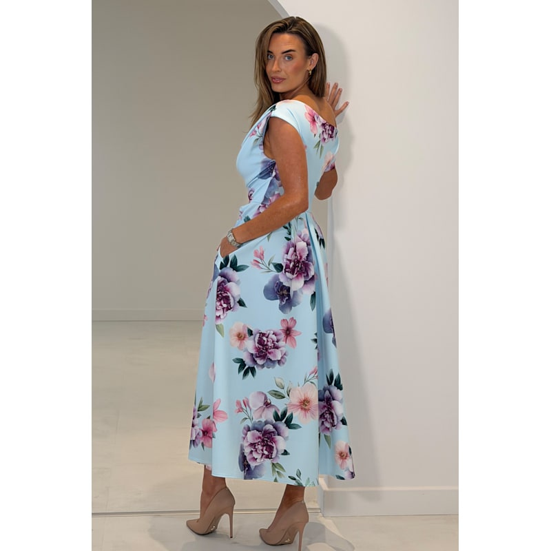 Thumbnail of Betty Asymmetric Neckline Skater Midi Dress Blue Print image
