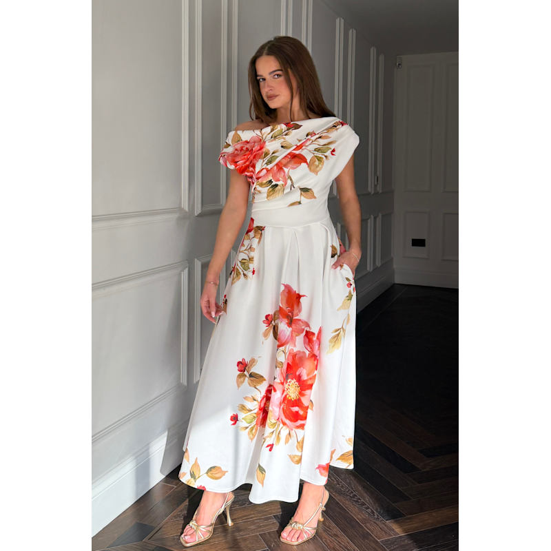 Thumbnail of Betty Asymmetric Neckline Skater Midi  Orange Floral image