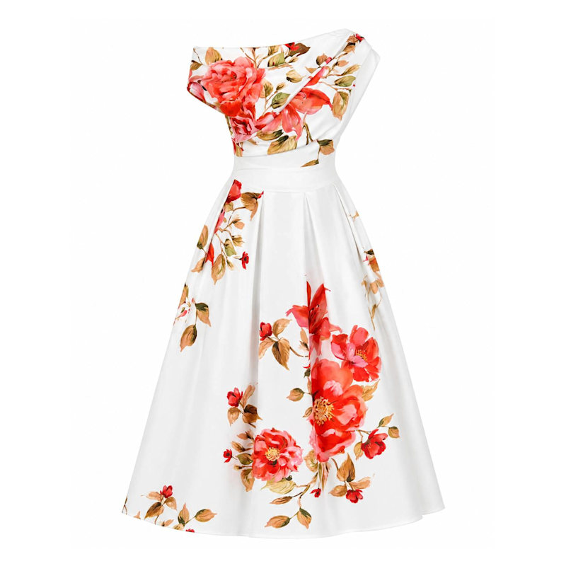 Thumbnail of Betty Asymmetric Neckline Skater Midi  Orange Floral image