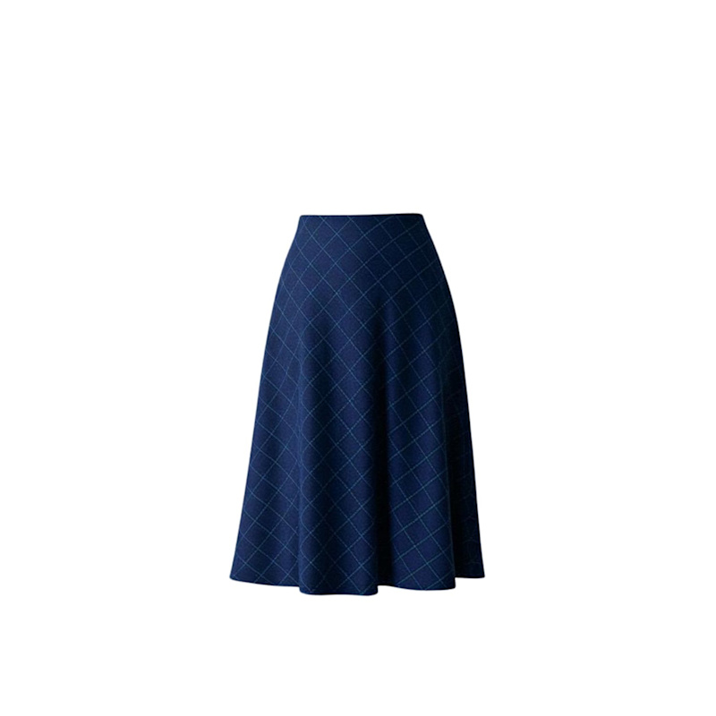 Thumbnail of Bias-Cut  Navy Blue Midi Skirt In Plaid Fabric image