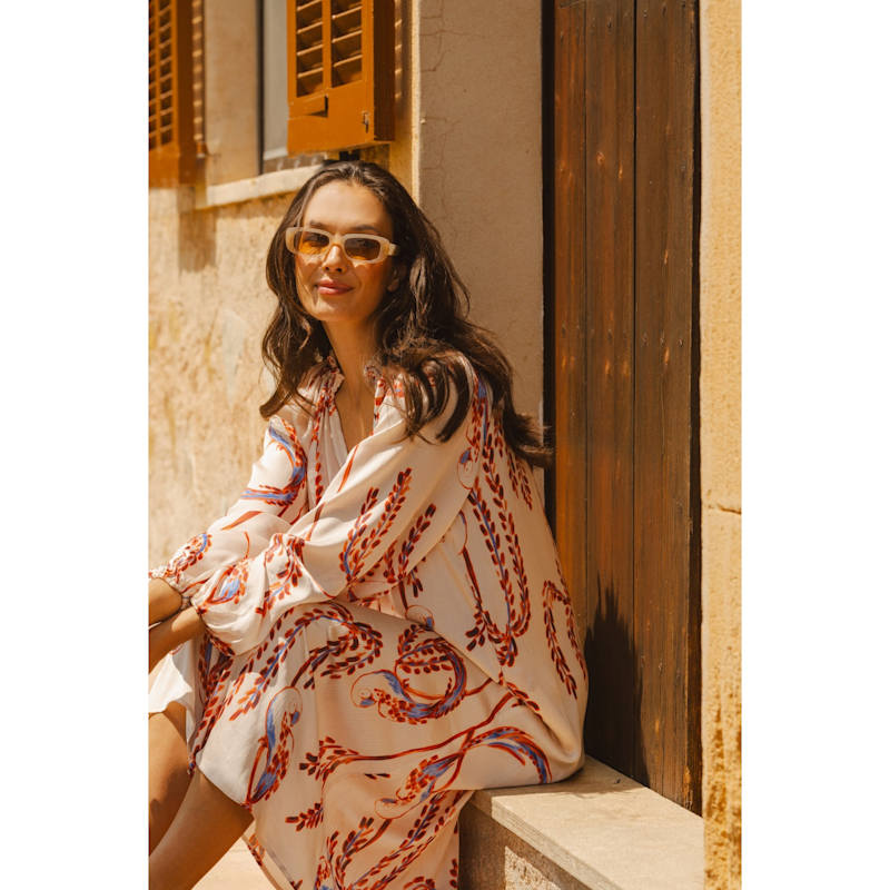 Thumbnail of Birds Of A Feather Cream And Red Long Sleeve Relaxed Milo Dress image