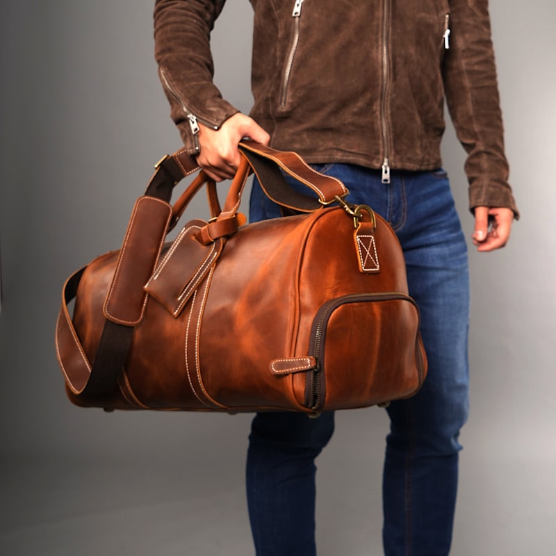 Thumbnail of Leather Over Night Bag With Shoe Storage - Brown image