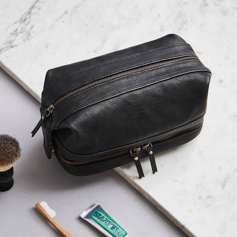 Wandering Soul Black Leather Wash Bag With Zip Bottom VIDA VIDA