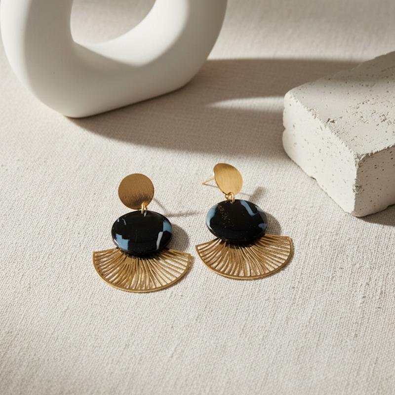 Thumbnail of Black And Gold Art Deco Statement Earrings – Geometric Fan Drop Earrings | Roberta image