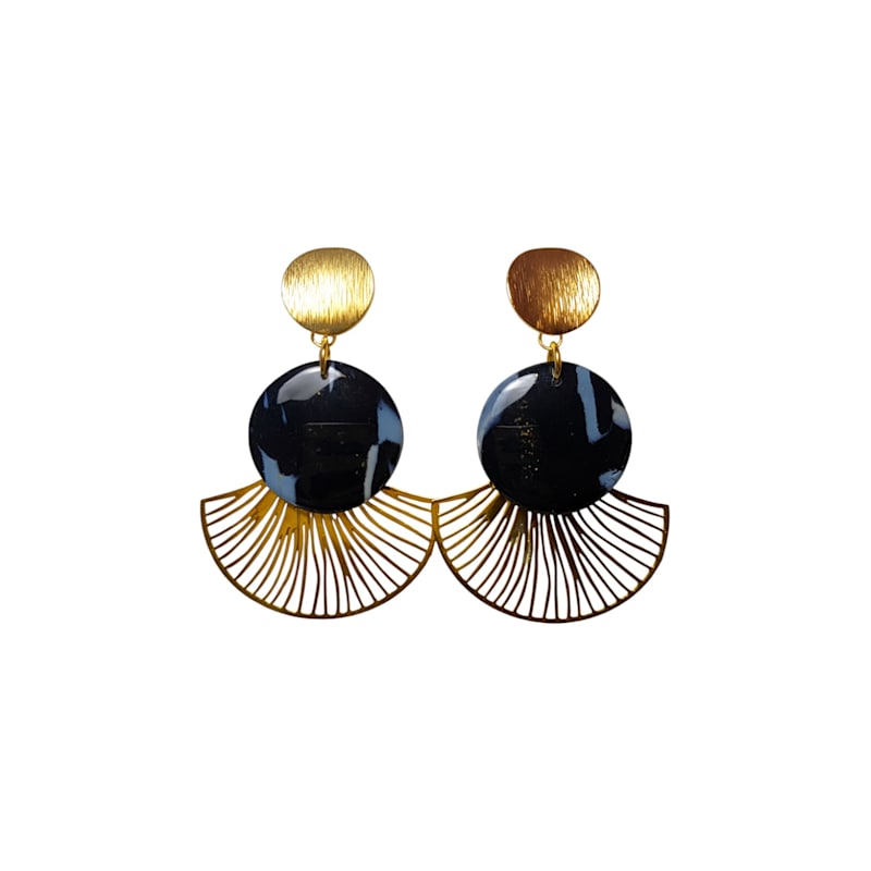 Thumbnail of Black And Gold Art Deco Statement Earrings – Geometric Fan Drop Earrings | Roberta image