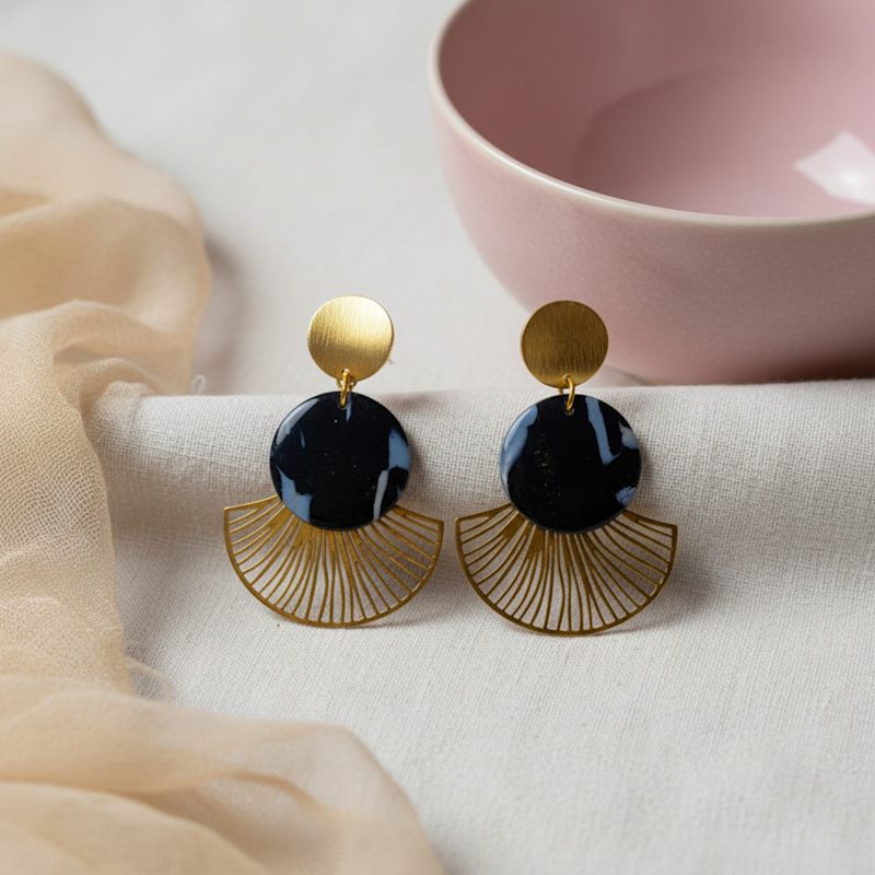 Thumbnail of Black And Gold Art Deco Statement Earrings – Geometric Fan Drop Earrings | Roberta image