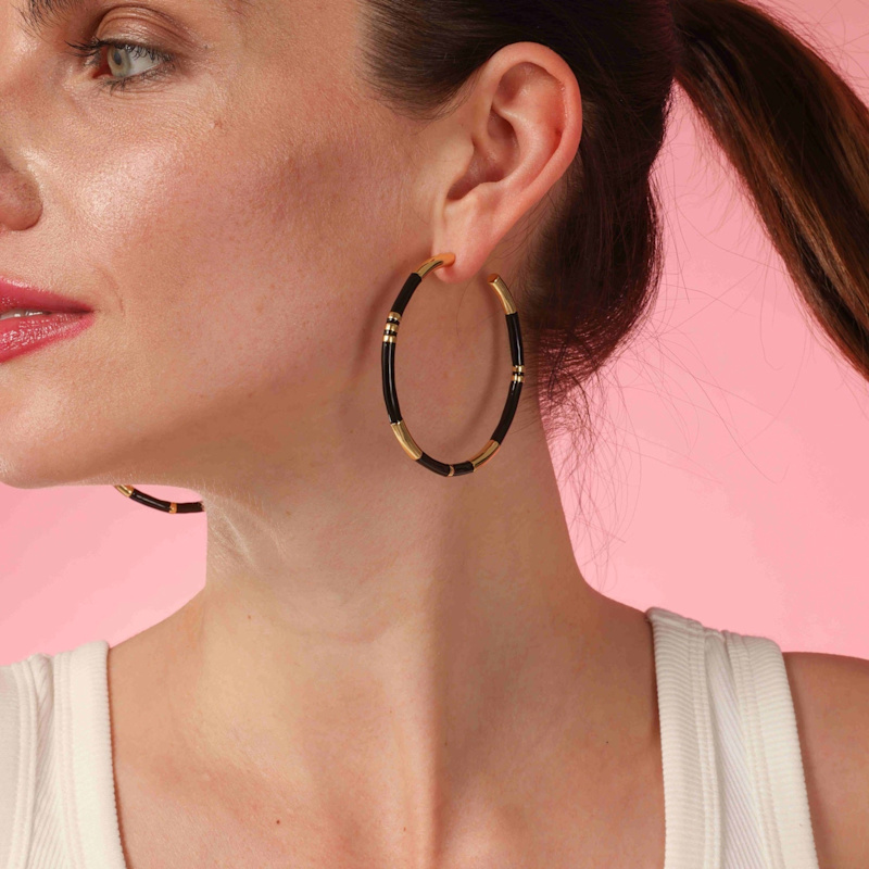Thumbnail of Mallory Black And Gold Stripe Hoop Eaarings image
