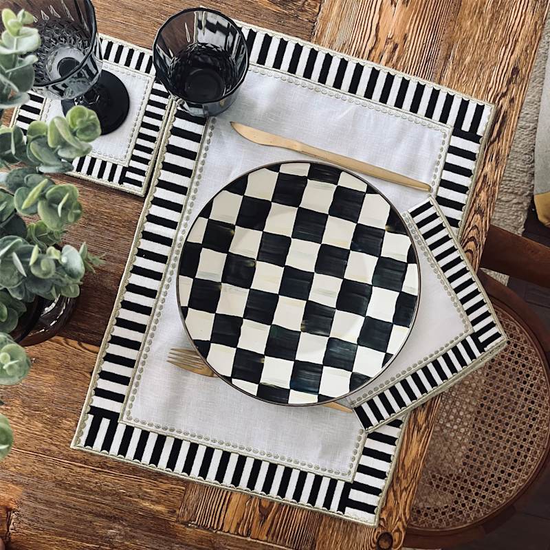 Thumbnail of Black And White Checkered Placemat Set Of Two - Decorative Gold Embroidered Dining Decor image