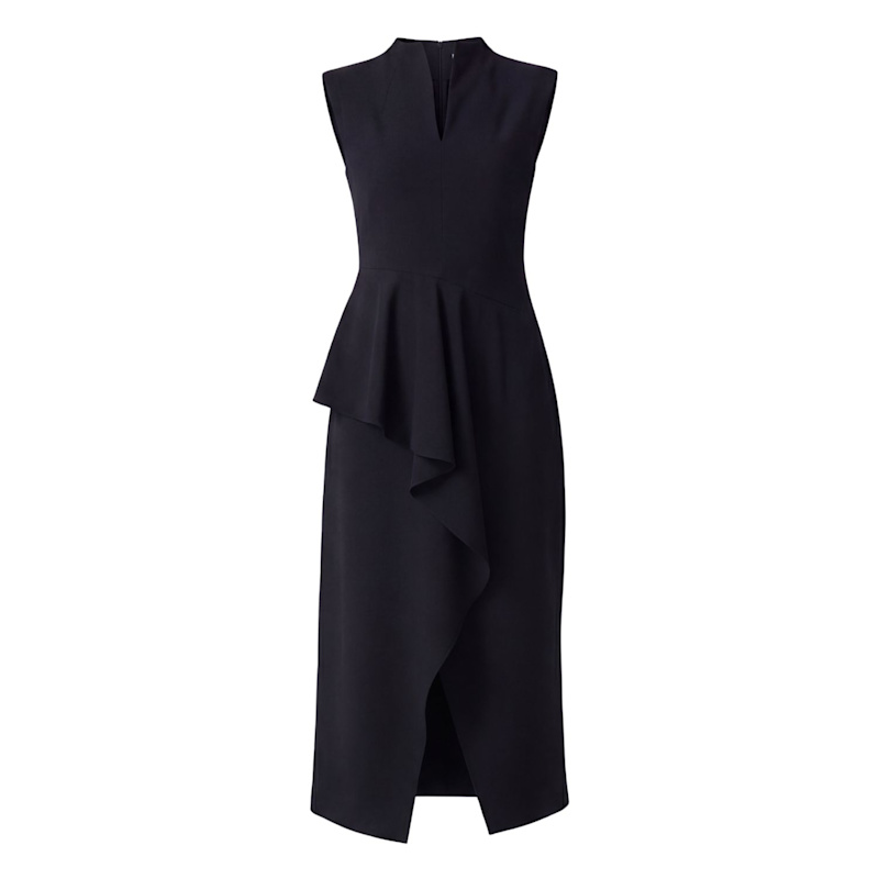 elegant black midi dress crew short sleeve slit midi dress l / Black main image 1