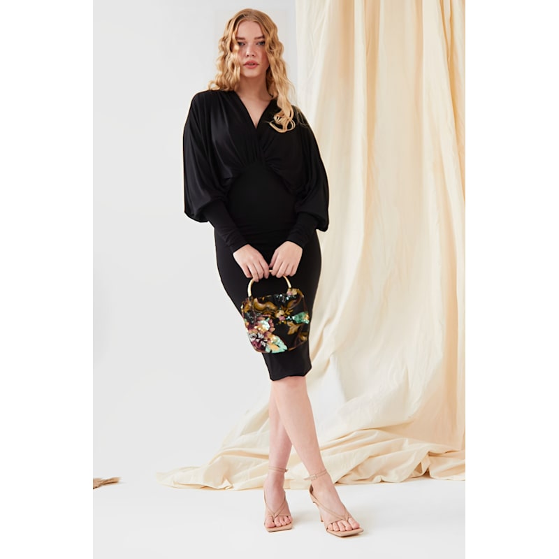 Black Batwing Sleeve Midi Dress | Sarvin | Wolf & Badger