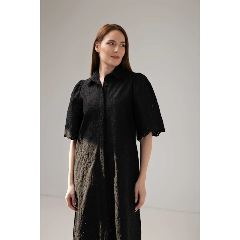 Thumbnail of Black Broderie Anglaise Midi Shirt Dress With Detachable Woven Belt And Pockets image