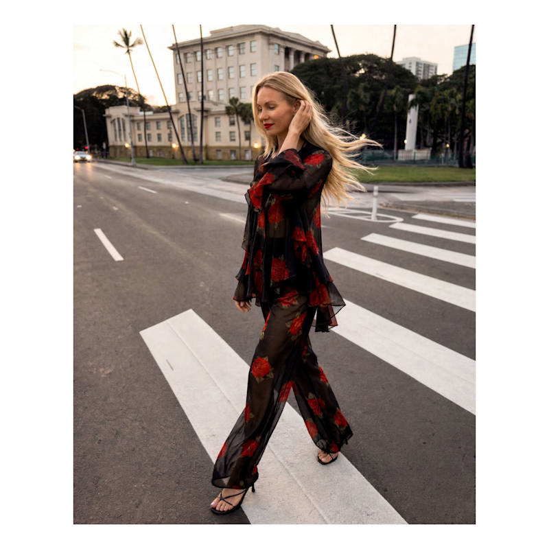 Thumbnail of Black Chiffon Flared Pants With Rose Print  - Special Capsule "Self.Readytowear image