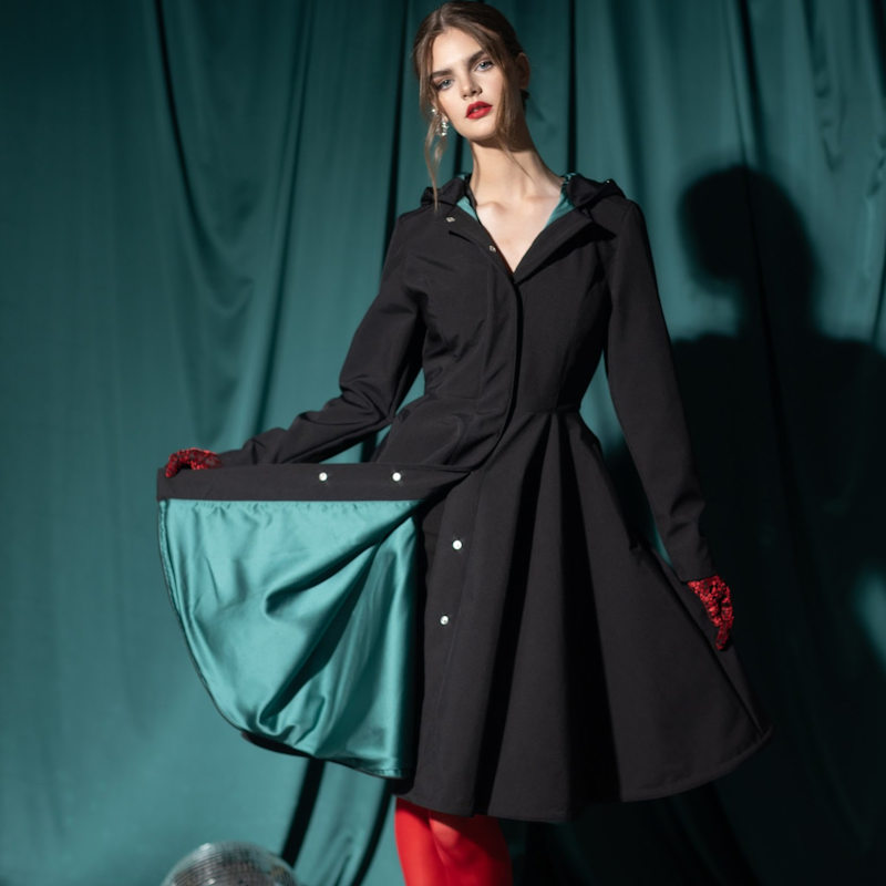 Rainsisters Coat with Emerald Green Lining - Black