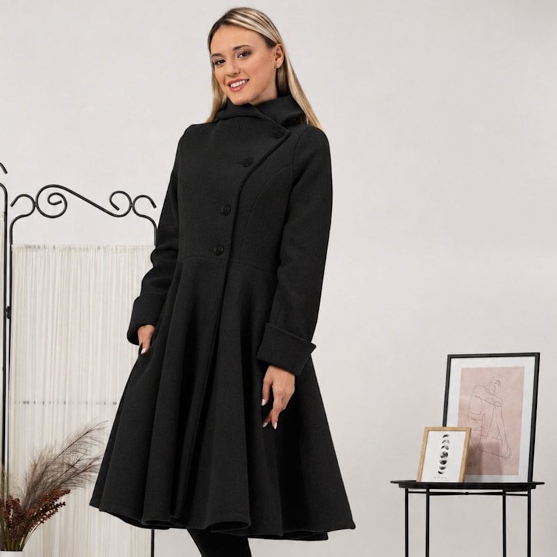 Thumbnail of A-Line Woolen Coat With Pockets In Black Color image