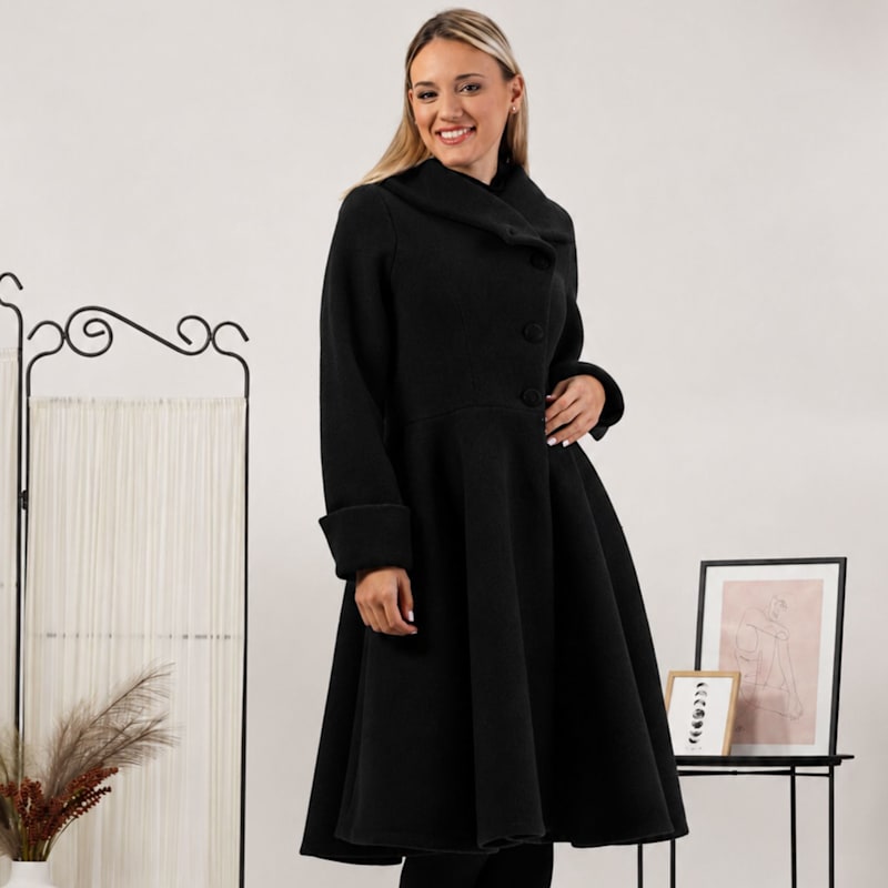Thumbnail of A-Line Woolen Coat With Pockets In Black Color image