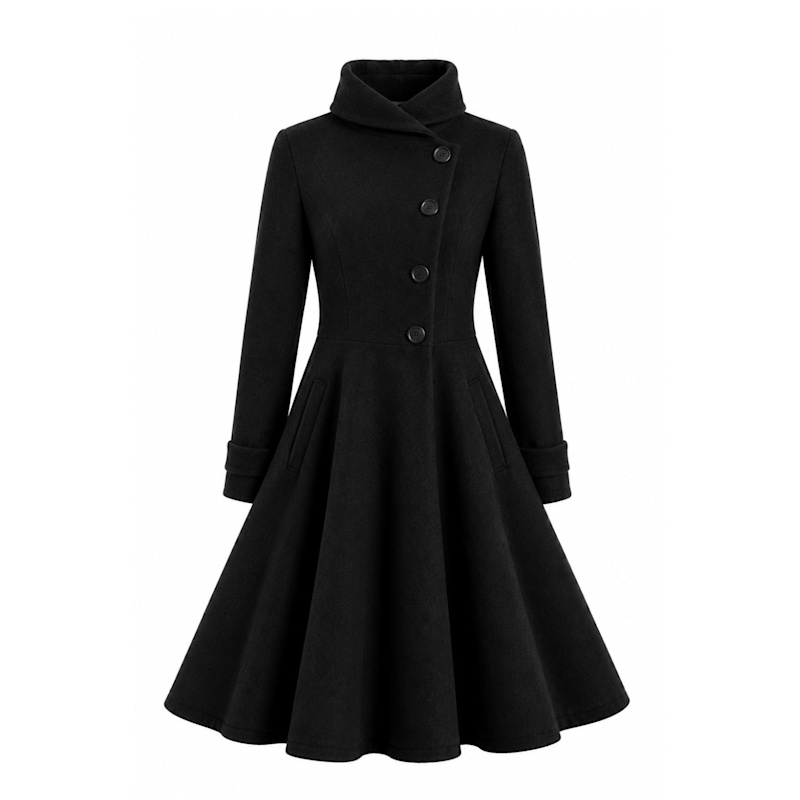 Thumbnail of A-Line Woolen Coat With Pockets In Black Color image