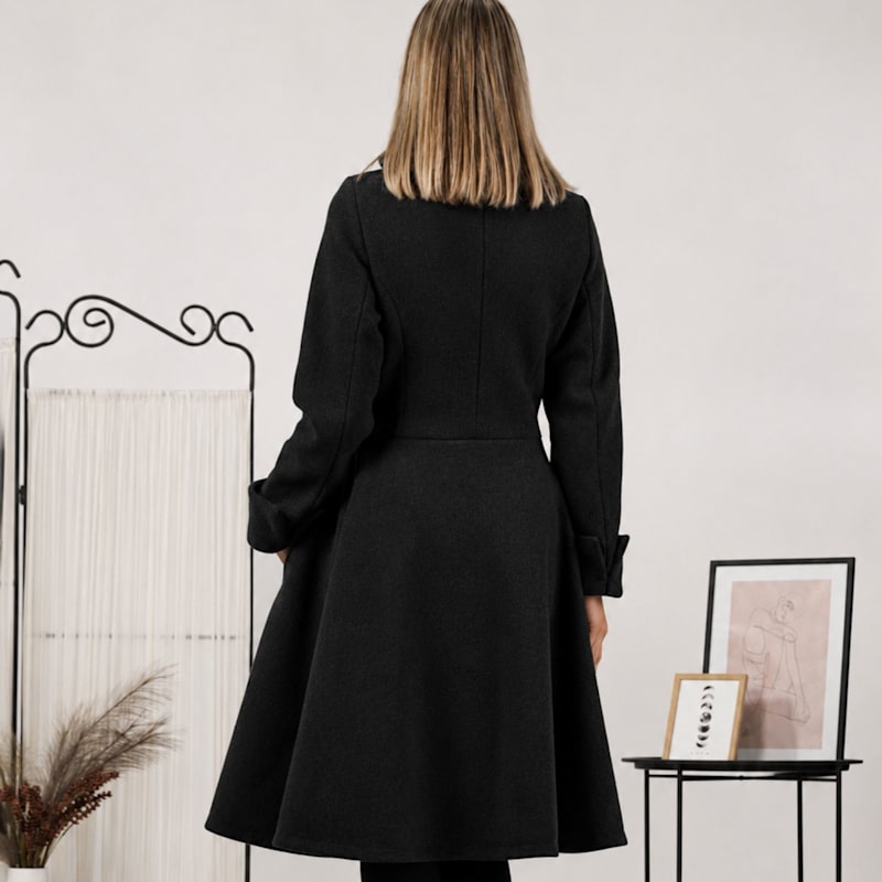 Thumbnail of A-Line Woolen Coat With Pockets In Black Color image