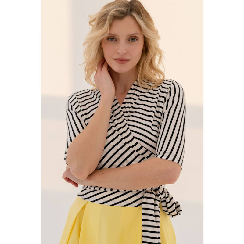 Thumbnail of Black Cream Striped Wrap Top image
