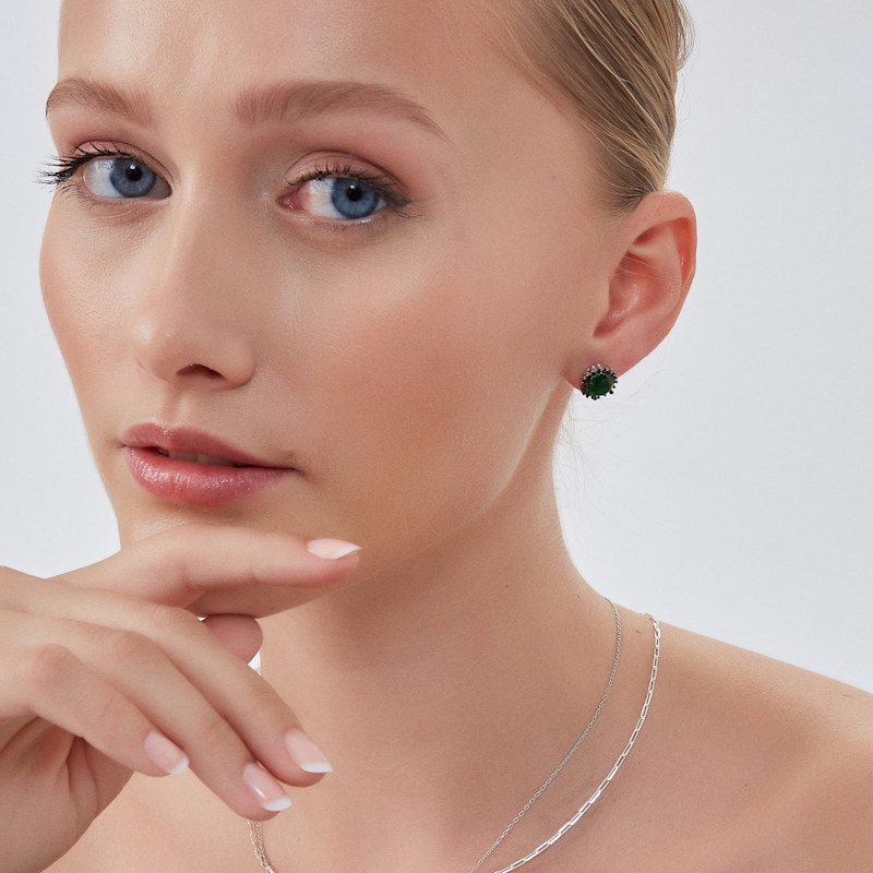 Thumbnail of Black Emerald Color Double Halo Stud Earrings in Sterling Silver image