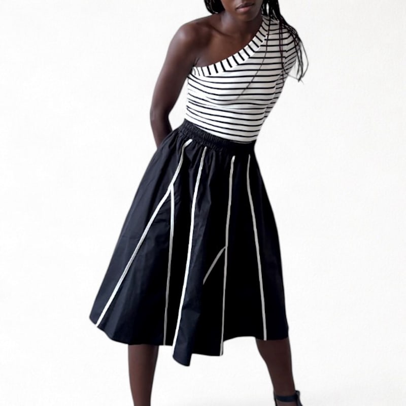 Thumbnail of Black Full Skirt With Panels & White Contrast Tape image
