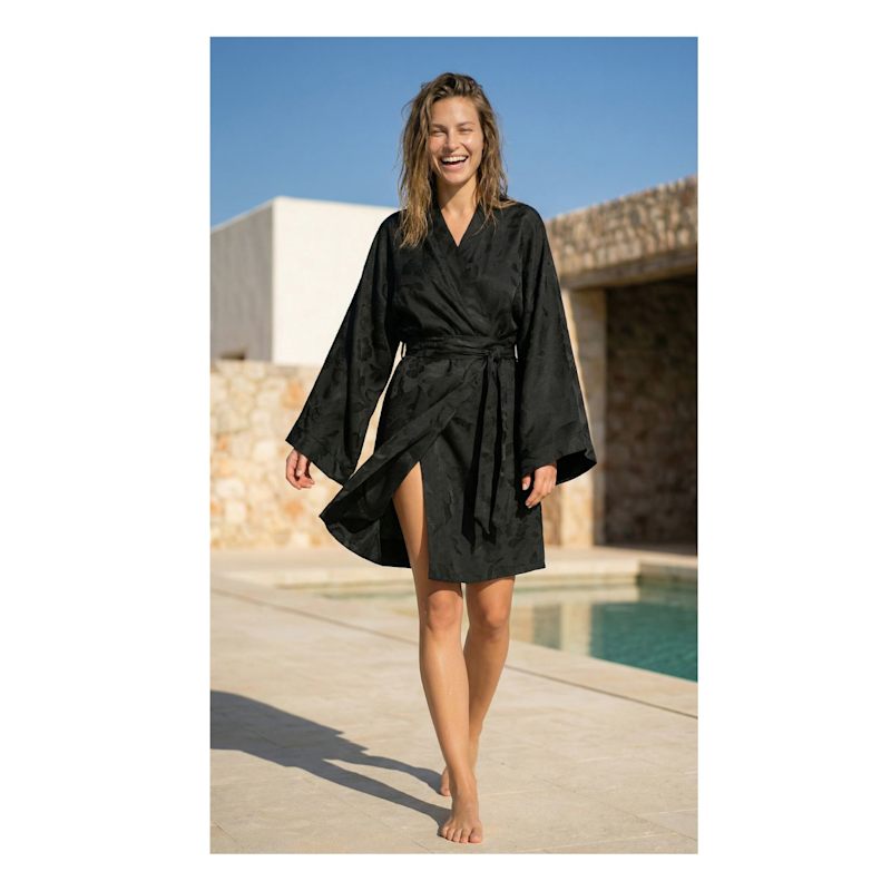 black kimono mini dress Jacquard Sarah by Janara Jones Silk